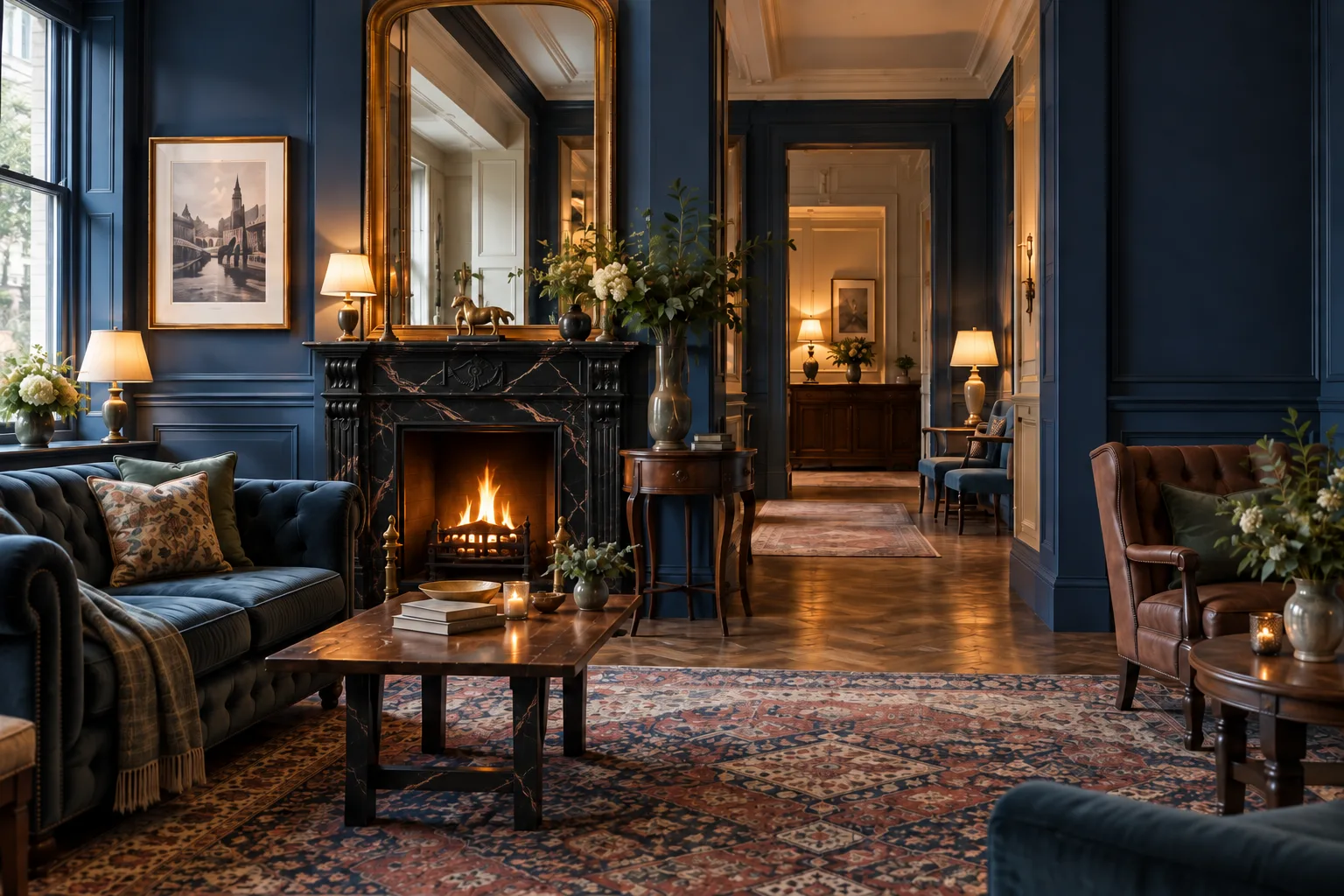 Illustrative hotel lounge with navy panelling, warm lamps and a fireplace